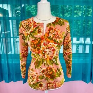 SWEATER Isaac Mizrahi Live! Blush Pink & Green Floral Button Down Cardigan L